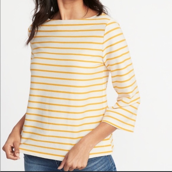 ☃️Old Navy Mustard Yellow & White Striped Boat Neck Terry Clothe 3/4 Sleeve Top - Picture 1 of 4